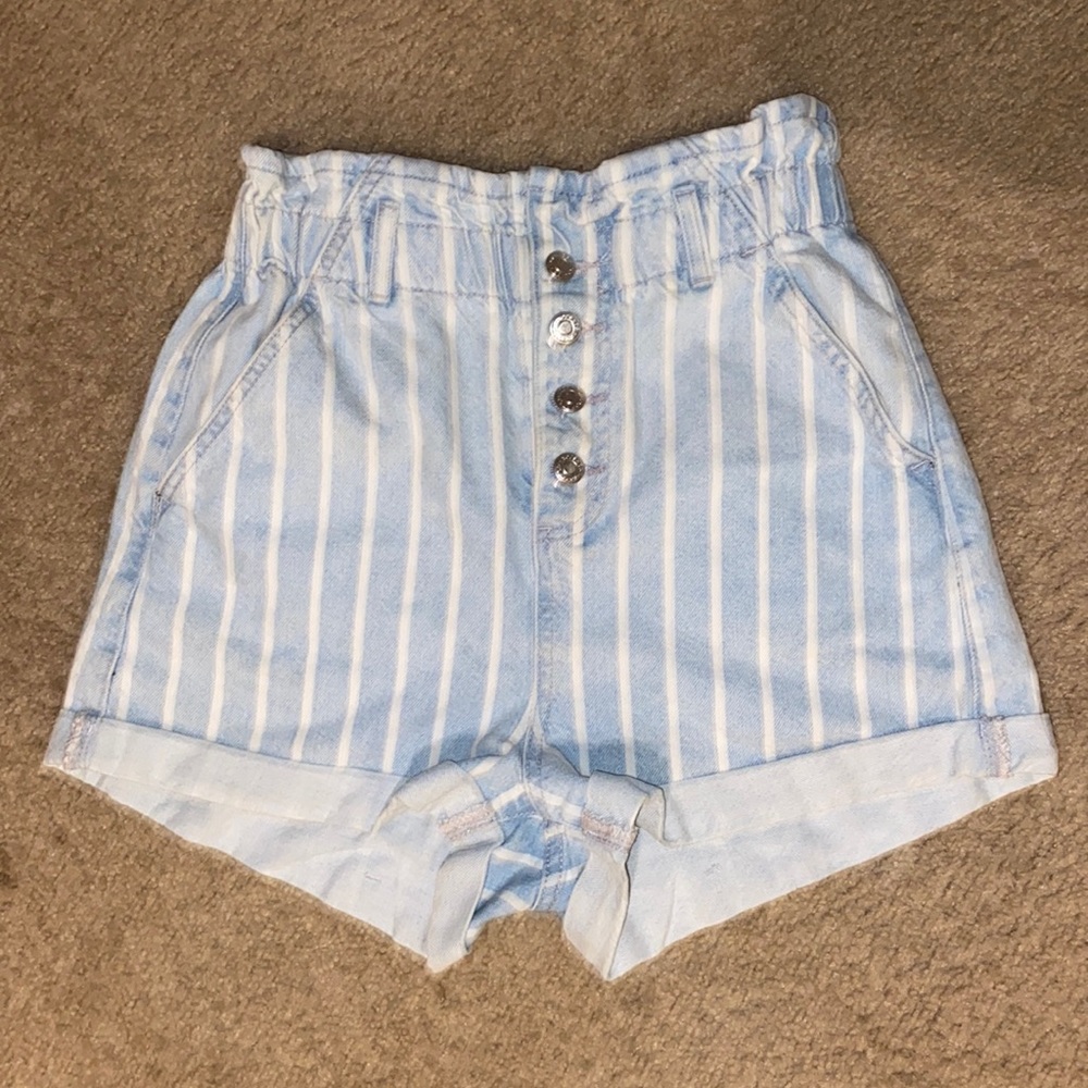 TopShop blue & white striped denim shorts with paper bag waist and 4 button fly